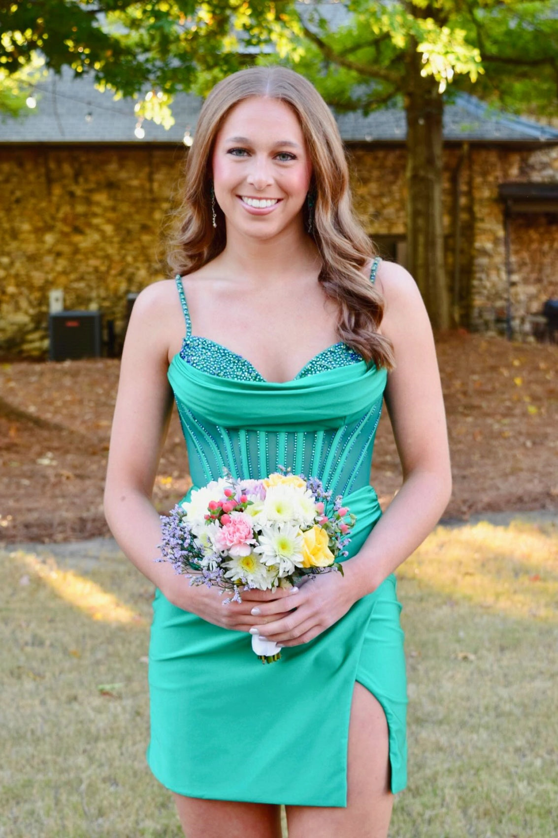 Green Appliques Satin Tight Mini Dress