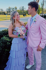 Lavender Strapless Floral Ruffle A-Line Dress