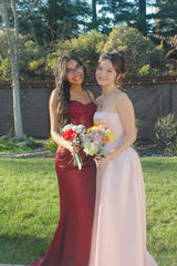 Burgundy Satin Straps Sweetheart Dress