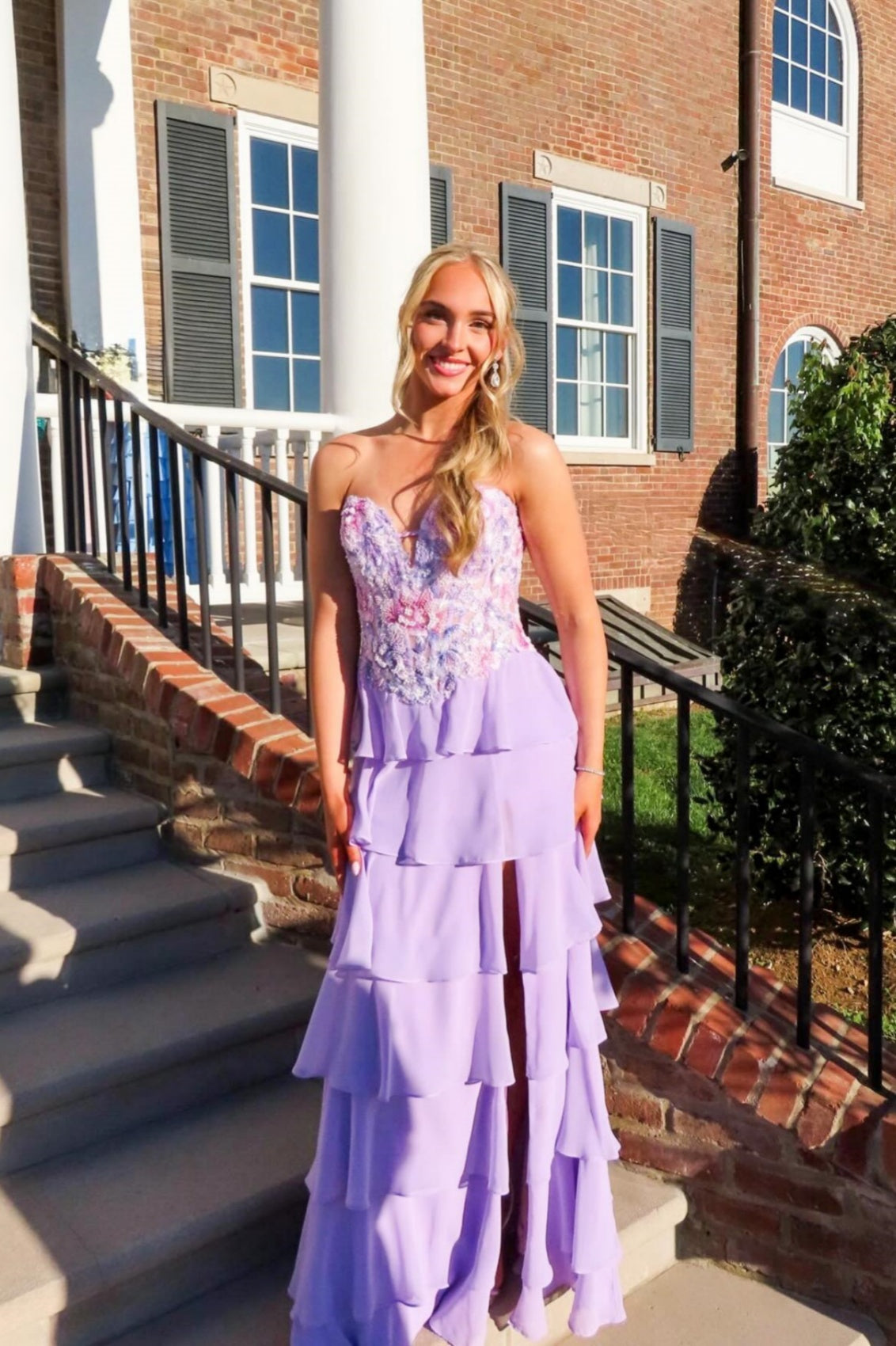 Lavender Strapless Floral Ruffle A-Line Dress