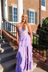 Lavender Strapless Floral Ruffle A-Line Dress