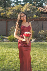 Burgundy Satin Straps Sweetheart Dress