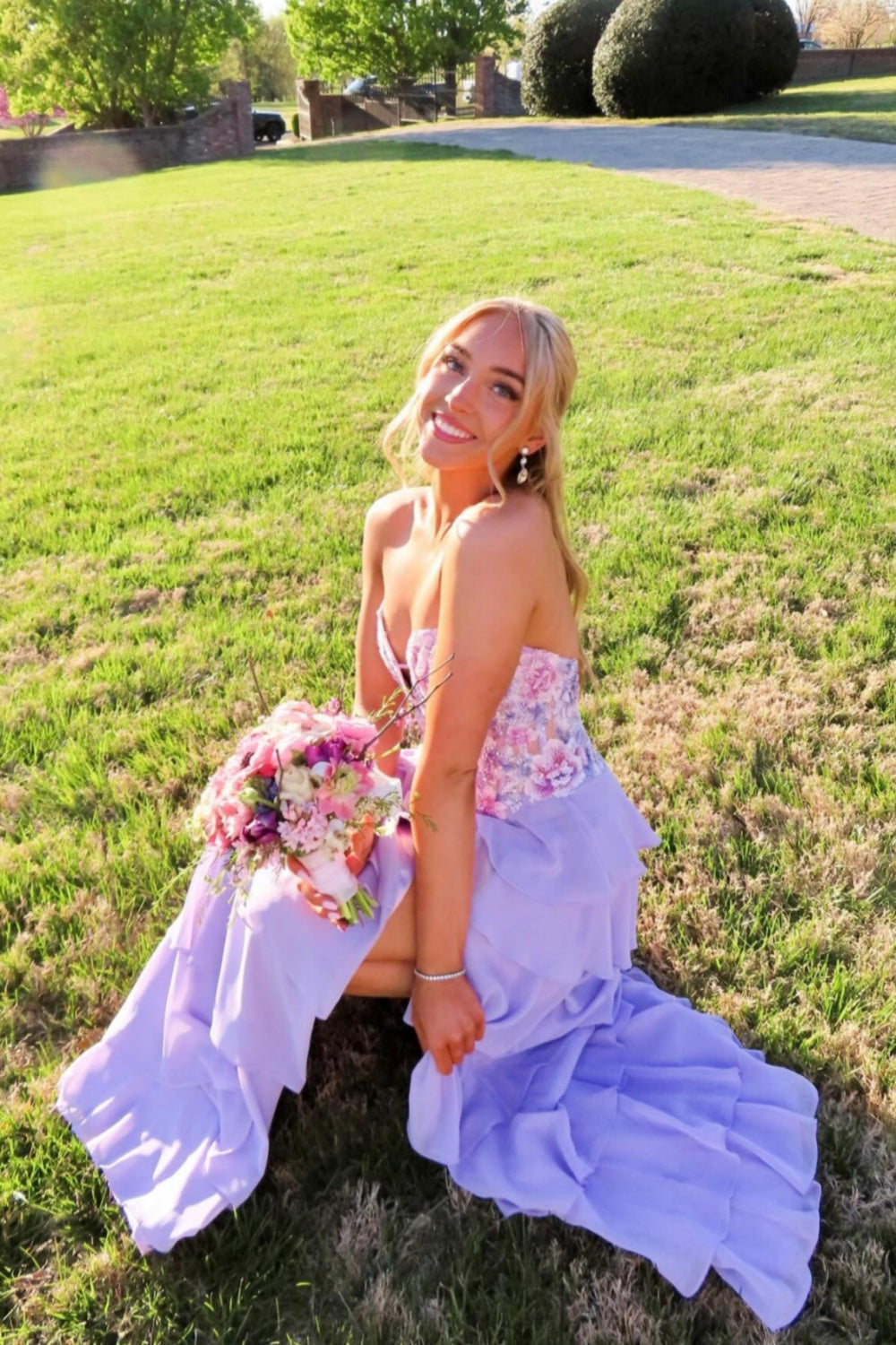 Lavender Strapless Floral Ruffle A-Line Dress