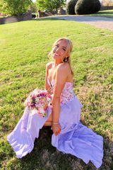 Lavender Strapless Floral Ruffle A-Line Dress
