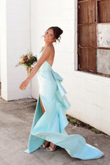 Aqua Satin Halter Mermaid Dress