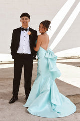 Aqua Satin Halter Mermaid Dress