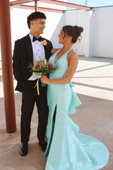 Aqua Satin Halter Mermaid Dress