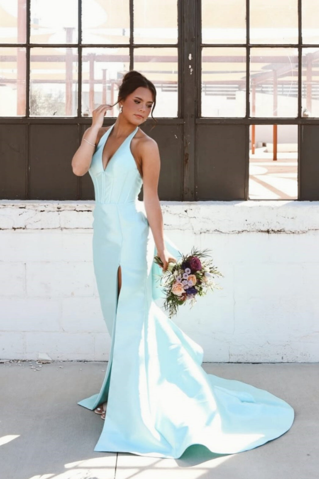 Aqua Satin Halter Mermaid Dress