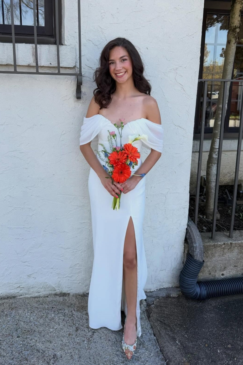 White Satin Off-the-Shoulder Fitted Dress