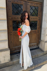 White Satin Off-the-Shoulder Fitted Dress