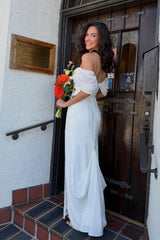 White Satin Off-the-Shoulder Fitted Dress