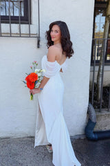 White Satin Off-the-Shoulder Fitted Dress