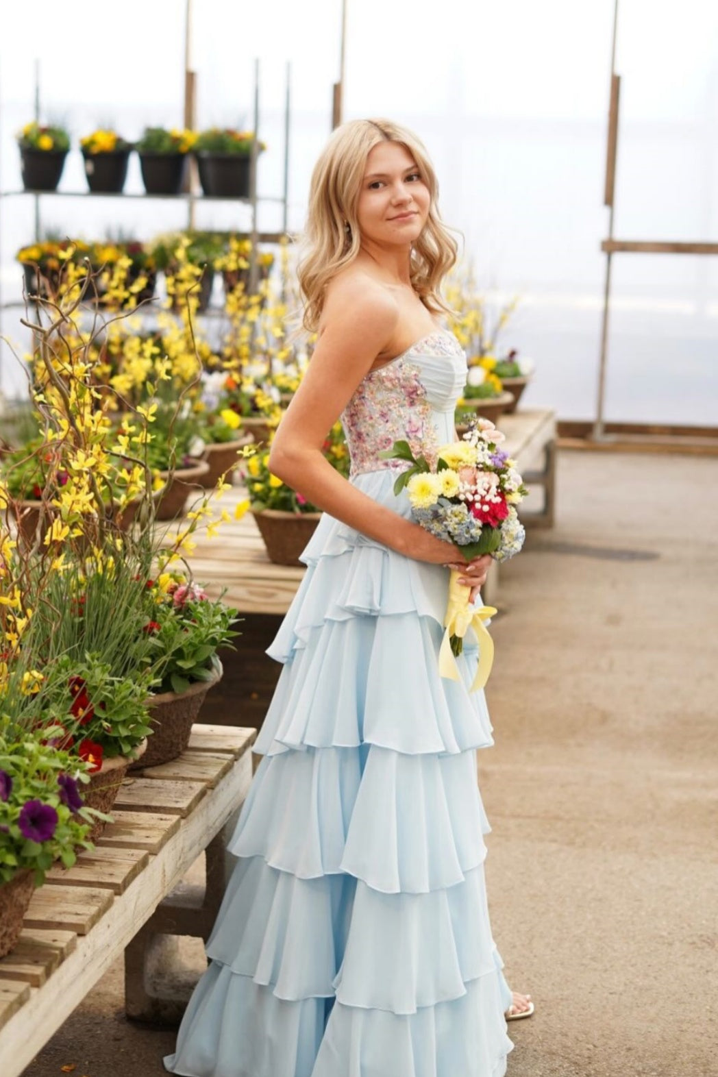 Baby Blue Floral Sweetheart A-Line Dress