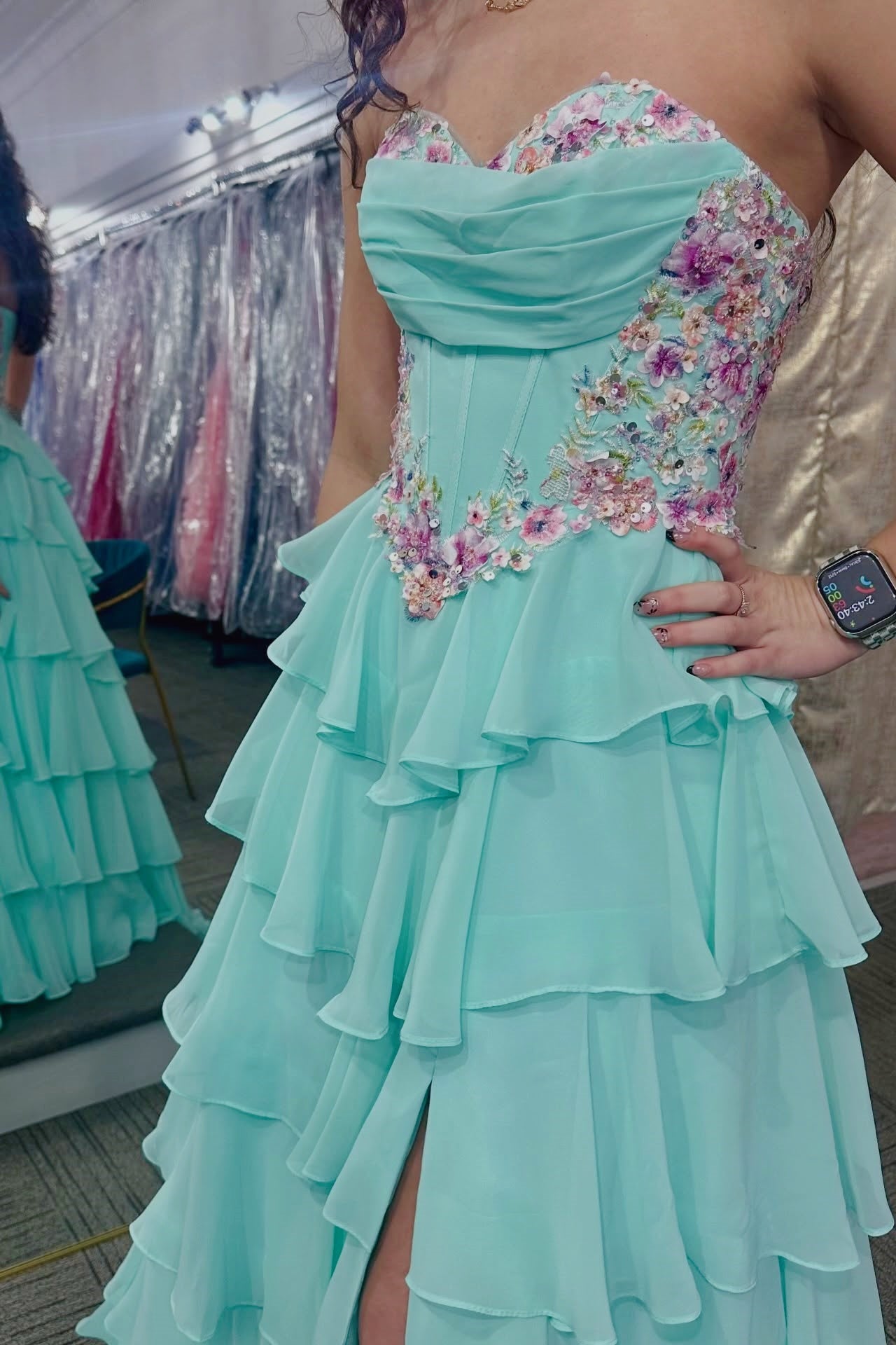 Baby Blue Floral Sweetheart A-Line Dress