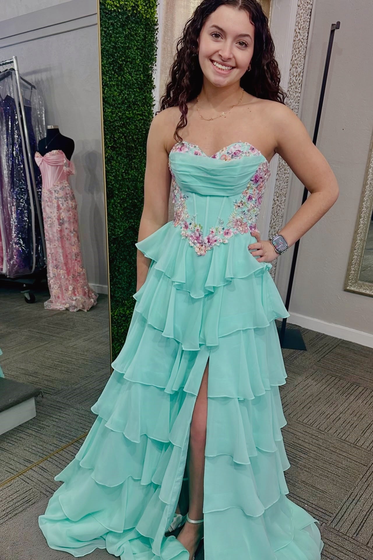 Baby Blue Floral Sweetheart A-Line Dress