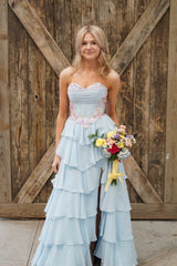 Baby Blue Floral Sweetheart A-Line Dress