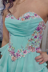 Baby Blue Floral Sweetheart A-Line Dress