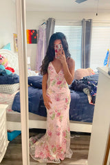 Pink Tulle Floral Mermaid Dress with V-Neck