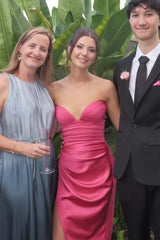 Strapless Light Blue Ruched Long Dress with Slit