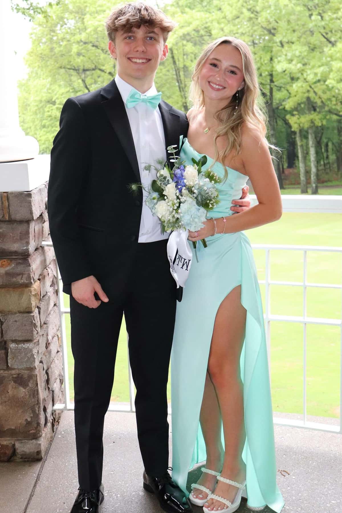 Strapless Aqua Satin Ruched Slit Long Dress