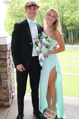 Strapless Aqua Satin Ruched Slit Long Dress