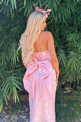 Strapless Pink Jacquard Fitted Long Dress with Bow