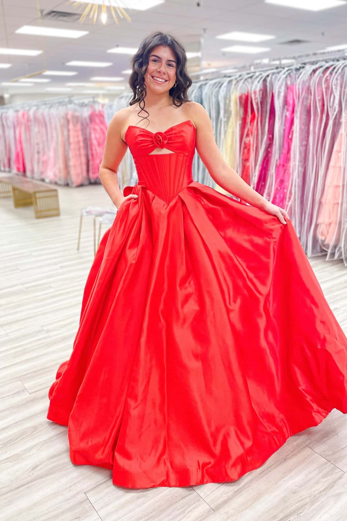 Rosette Pink Satin A-line Prom Gown