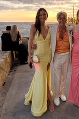 Yellow V Neck Straps Mermaid Slit Long Dress