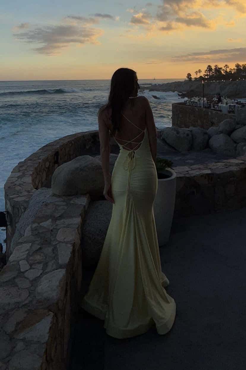 Yellow V Neck Straps Mermaid Slit Long Dress