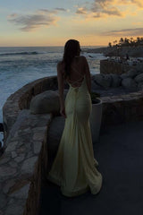 Yellow V Neck Straps Mermaid Slit Long Dress