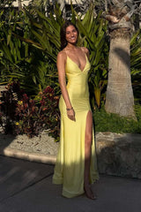 Yellow V Neck Straps Mermaid Slit Long Dress