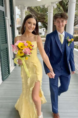 Yellow Chiffon Straps Ruffle Fitted Long Dress