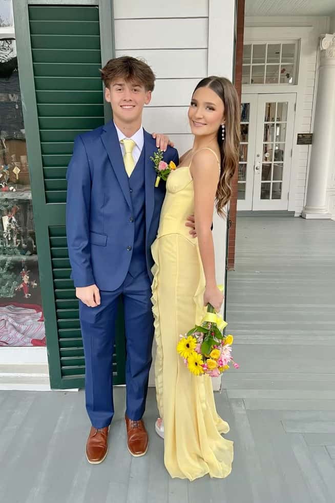 Yellow Chiffon Straps Ruffle Fitted Long Dress