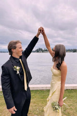 Straps Yellow Frill Slit Satin Long Prom Dress