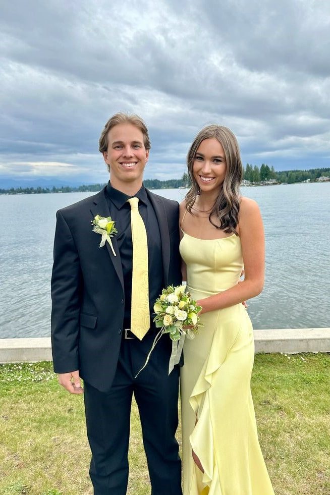 Straps Yellow Frill Slit Satin Long Prom Dress