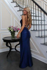 Navy Blue Straps Mermaid Long Prom Dress with Slit
