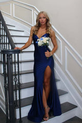 Navy Blue Straps Mermaid Long Prom Dress with Slit