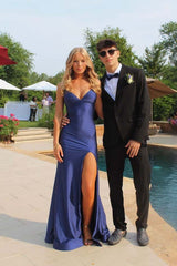 Navy Blue Straps Mermaid Long Prom Dress with Slit