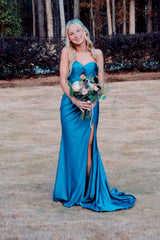 Blue Ruched Keyhole Mermaid Long Prom Dress