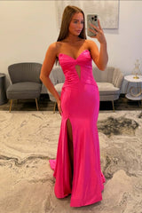 Strapless Fuchsia Ruched Keyhole Fitted Long Dress
