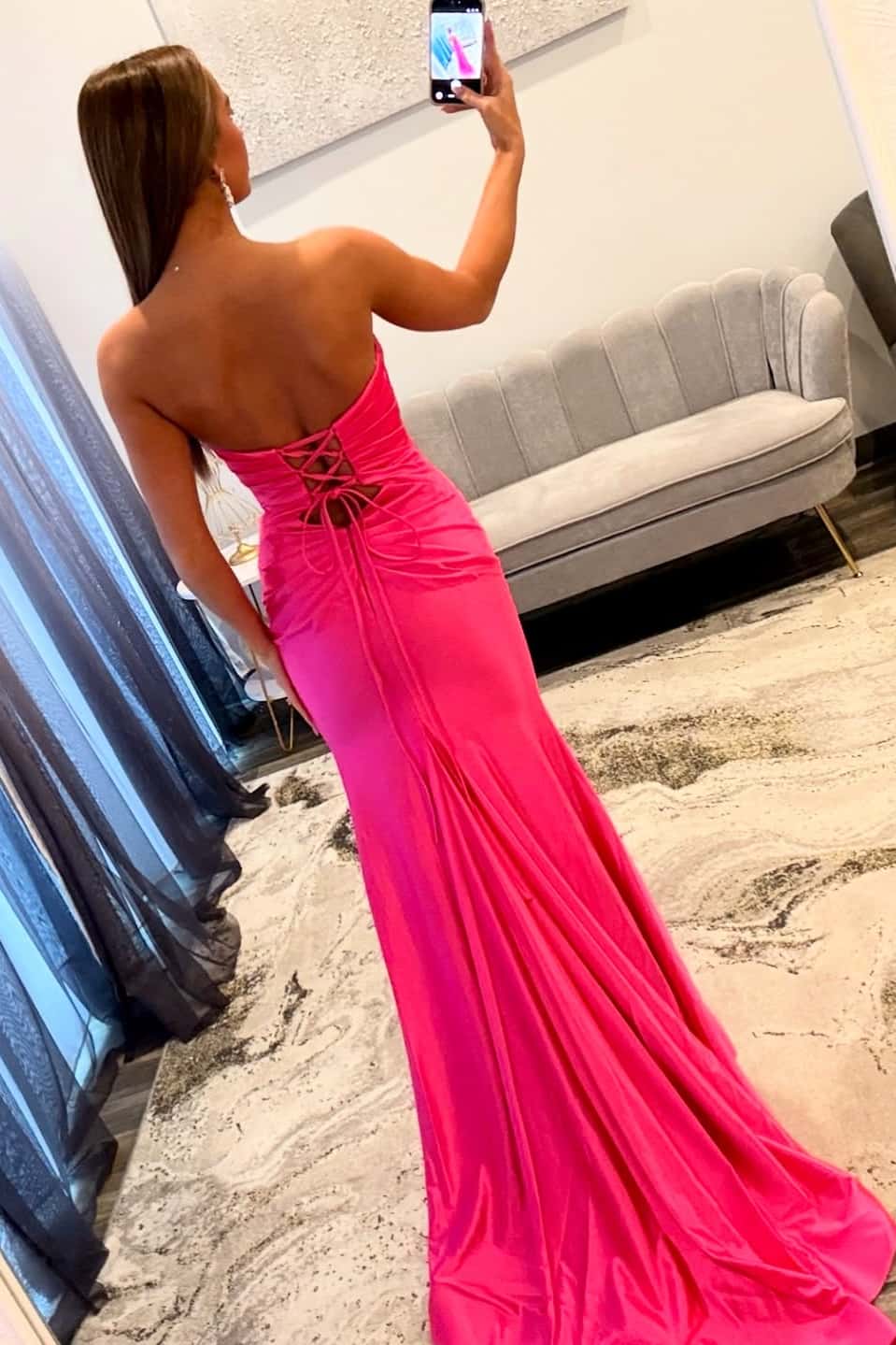 Strapless Fuchsia Ruched Keyhole Fitted Long Dress