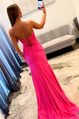 Strapless Fuchsia Ruched Keyhole Fitted Long Dress