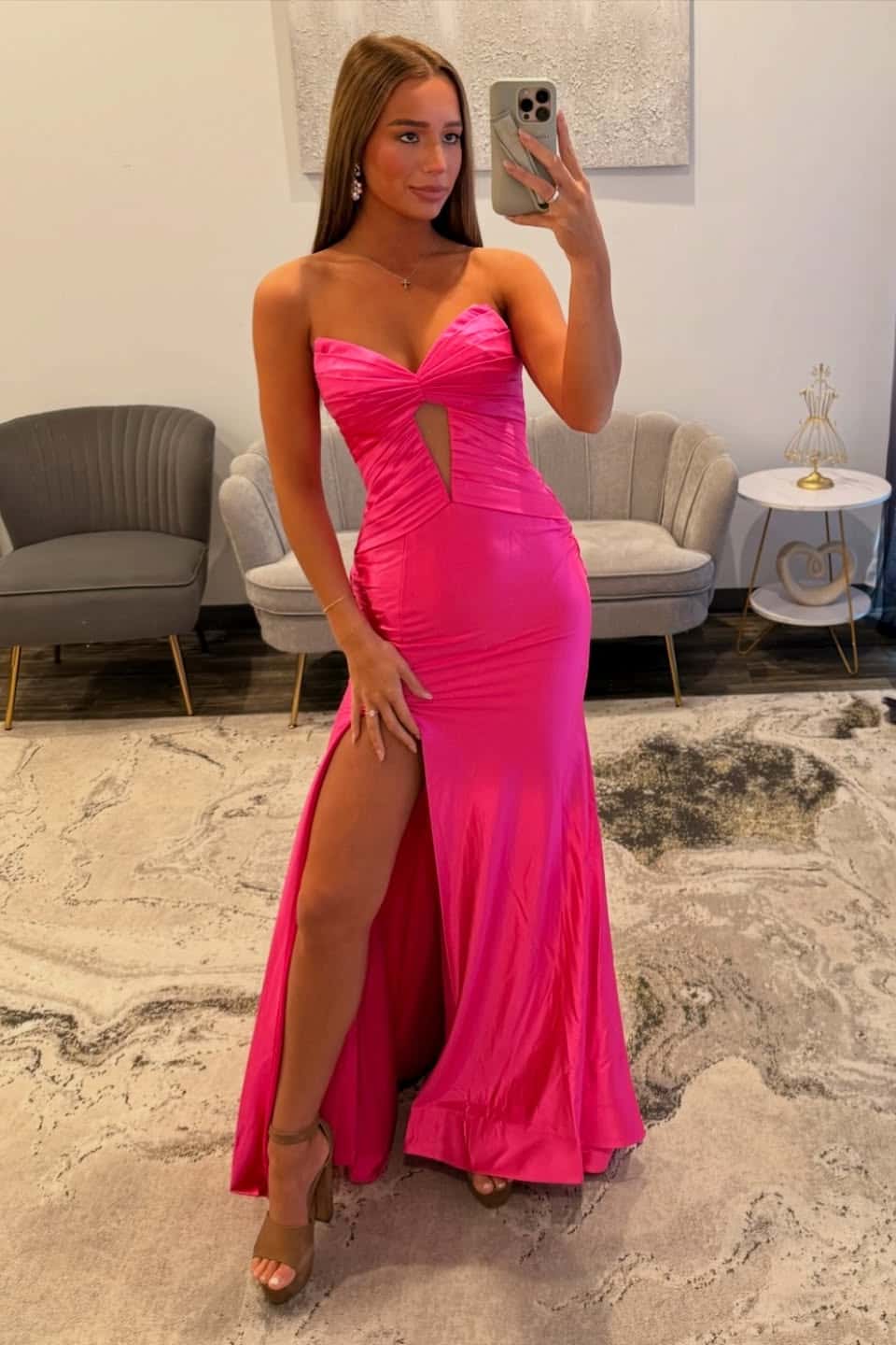 Strapless Fuchsia Ruched Keyhole Fitted Long Dress