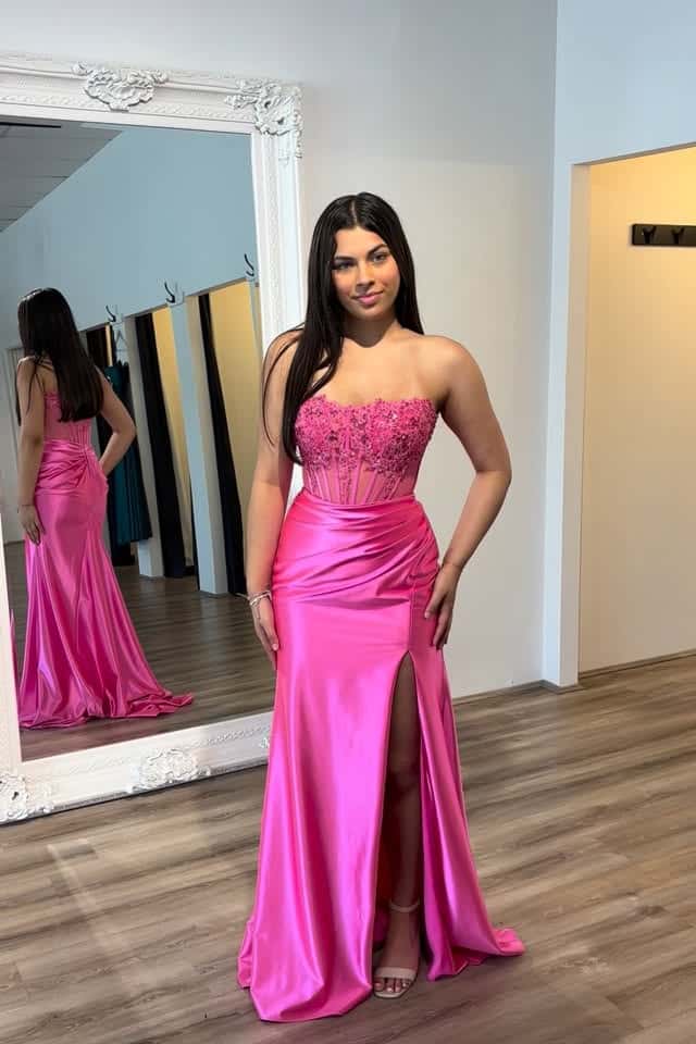 Strapless Hot Pink Sheer Appliques Satin Fitted Prom Dress