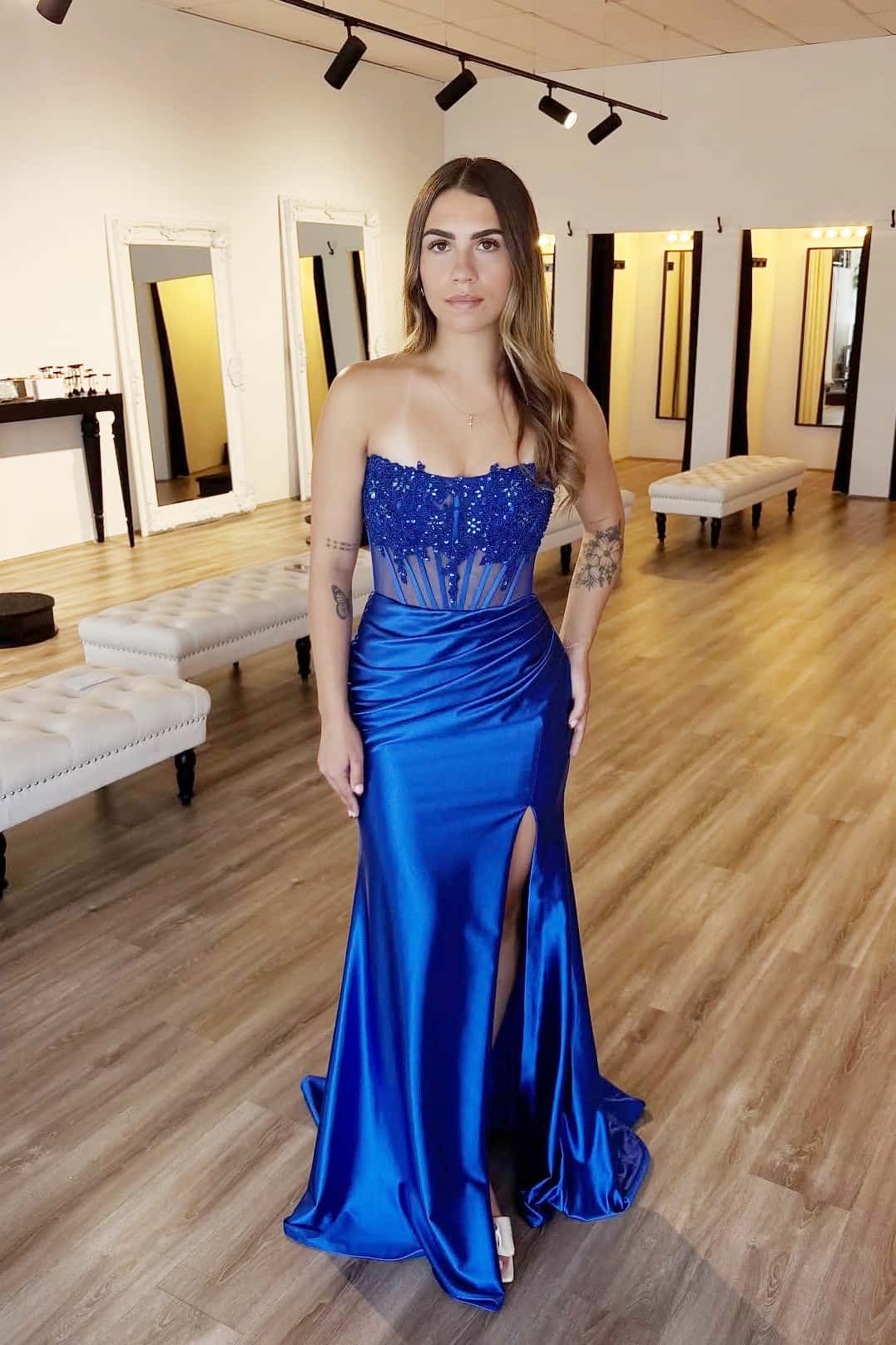 Strapless Hot Pink Sheer Appliques Satin Fitted Prom Dress