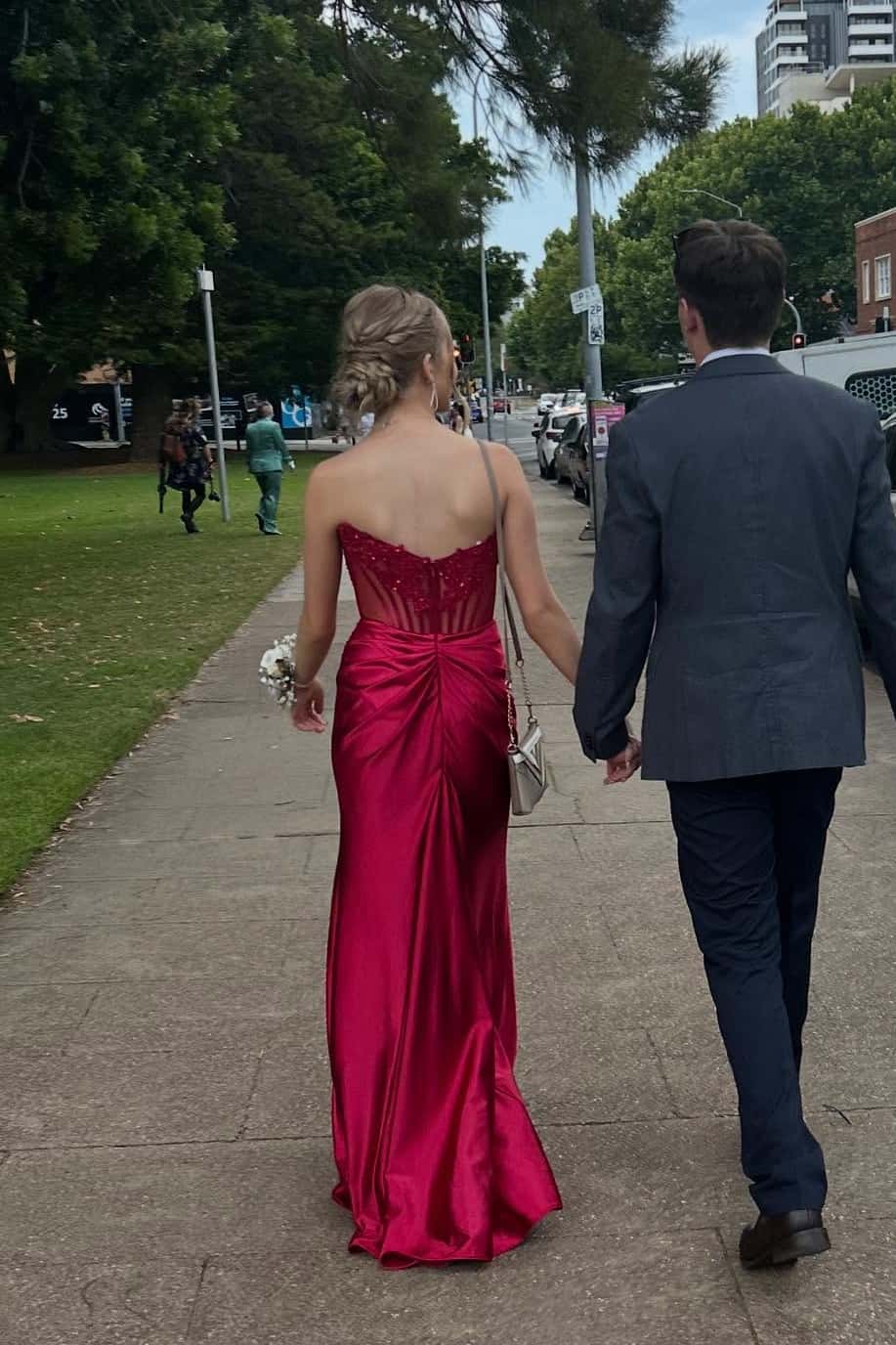 Strapless Hot Pink Sheer Appliques Satin Fitted Prom Dress