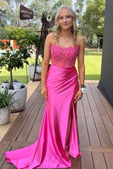Strapless Hot Pink Sheer Appliques Satin Fitted Prom Dress