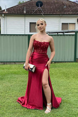 Strapless Hot Pink Sheer Appliques Satin Fitted Prom Dress