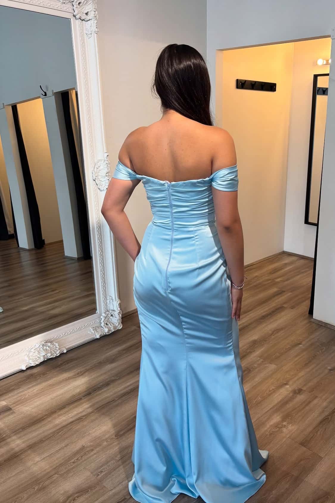 Off the Shoulder Light Blue Satin Fitted Prom Dress