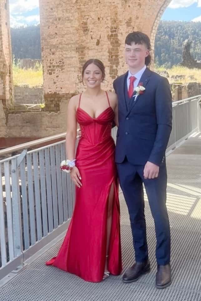 Red Satin Straps Ruched Fitted Long Formal Dress